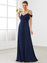 Robe de demoiselle d'honneur plissée à épaules dénudées longueur au sol #Couleur_Bleu Marine