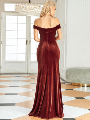 Color=Rouge Brique | Robe longue au sol en velours à épaules dénudées-Rouge Brique 2