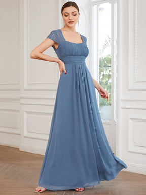 Robe de Demoiselle d'Honneur à Manches Courtes en Dentelle Plissée