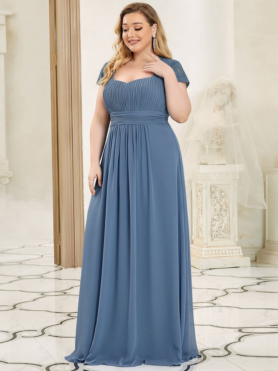 Robe de Demoiselle d'Honneur à Manches Courtes en Dentelle Plissée