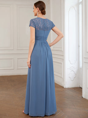 Robe de Demoiselle d'Honneur à Manches Courtes en Dentelle Plissée