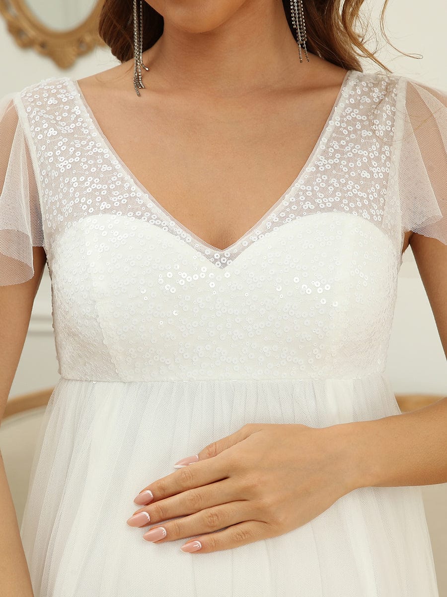 Color=Blanc | Maxi robe de maternité à col en V et manches flottantes transparentes-Blanc 5