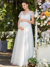 Color=Blanc | Maxi robe de maternité à col en V et manches flottantes transparentes-Blanc 1