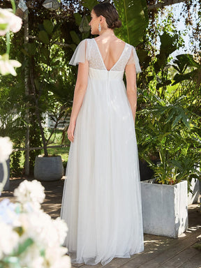 Color=Blanc | Maxi robe de maternité à col en V et manches flottantes transparentes-Blanc 2