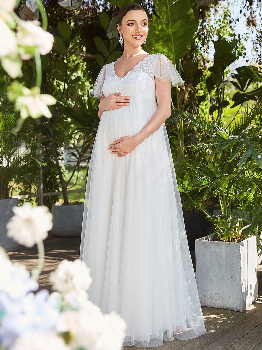 Color=Blanc | Maxi robe de maternité à col en V et manches flottantes transparentes-Blanc 3