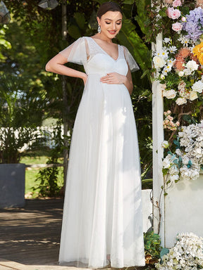 Color=Blanc | Maxi robe de maternité à col en V et manches flottantes transparentes-Blanc 4