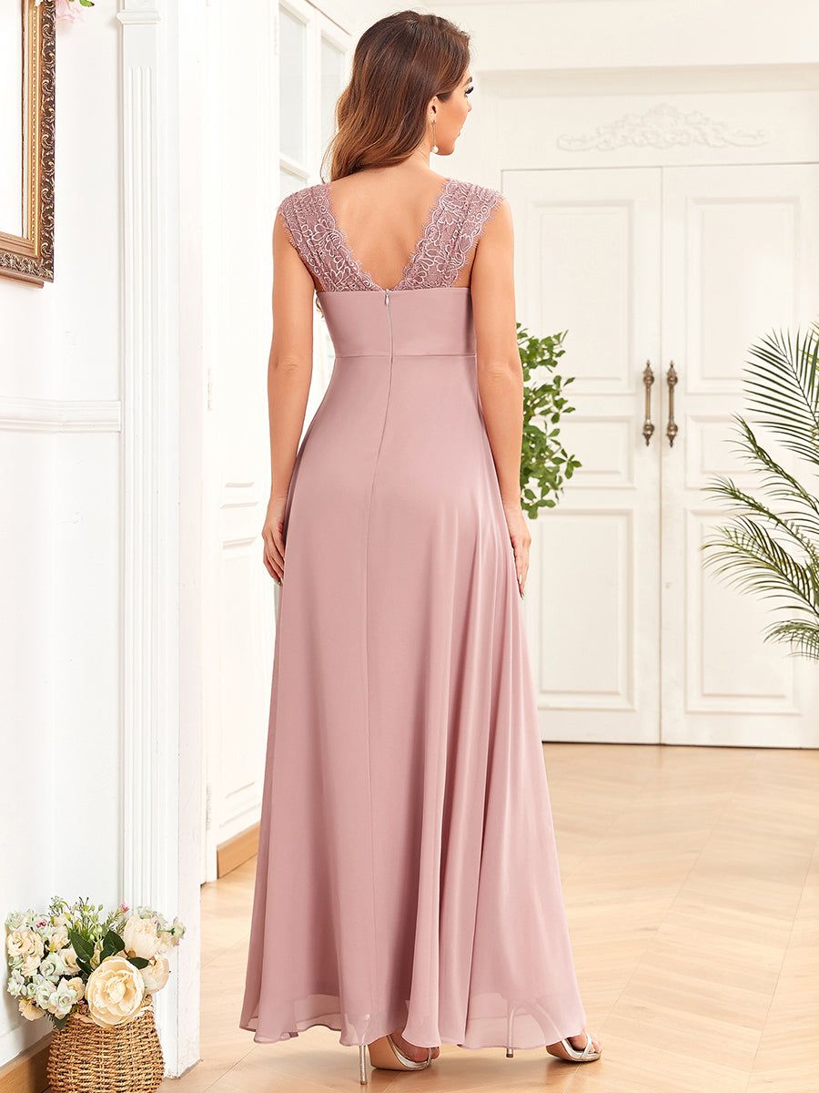 Robe de maternité Mousseline longue sans manches Dentelle froncée #Couleur_Rose fumee