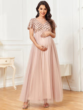 Robe de maternité plissée Tulle à taille empire Manches courtes sequins #Couleur_Or Rose