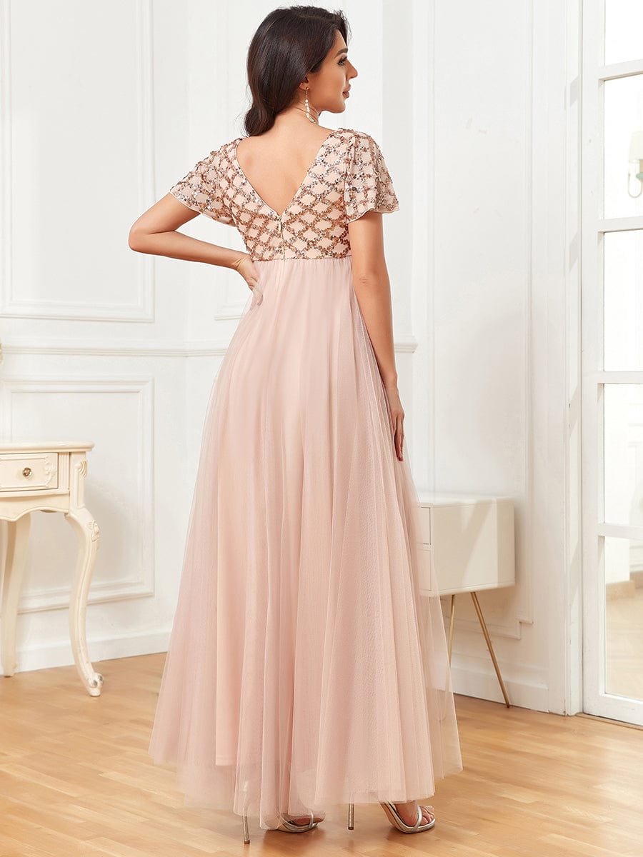 Robe de maternité plissée Tulle à taille empire Manches courtes sequins #Couleur_Or Rose