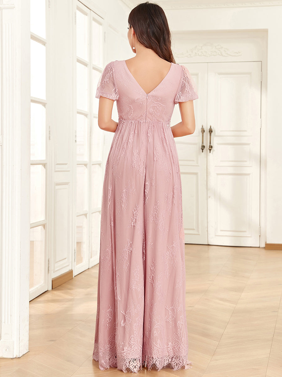 Robe de Maternité trapèze en dentelle bohème à manches courtes et encolure en V #Couleur_Rose fumee