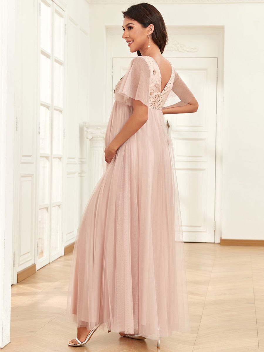 Robe de maternité trapèze en tulle à sequins col en V manches courtes #Couleur_Or Rose