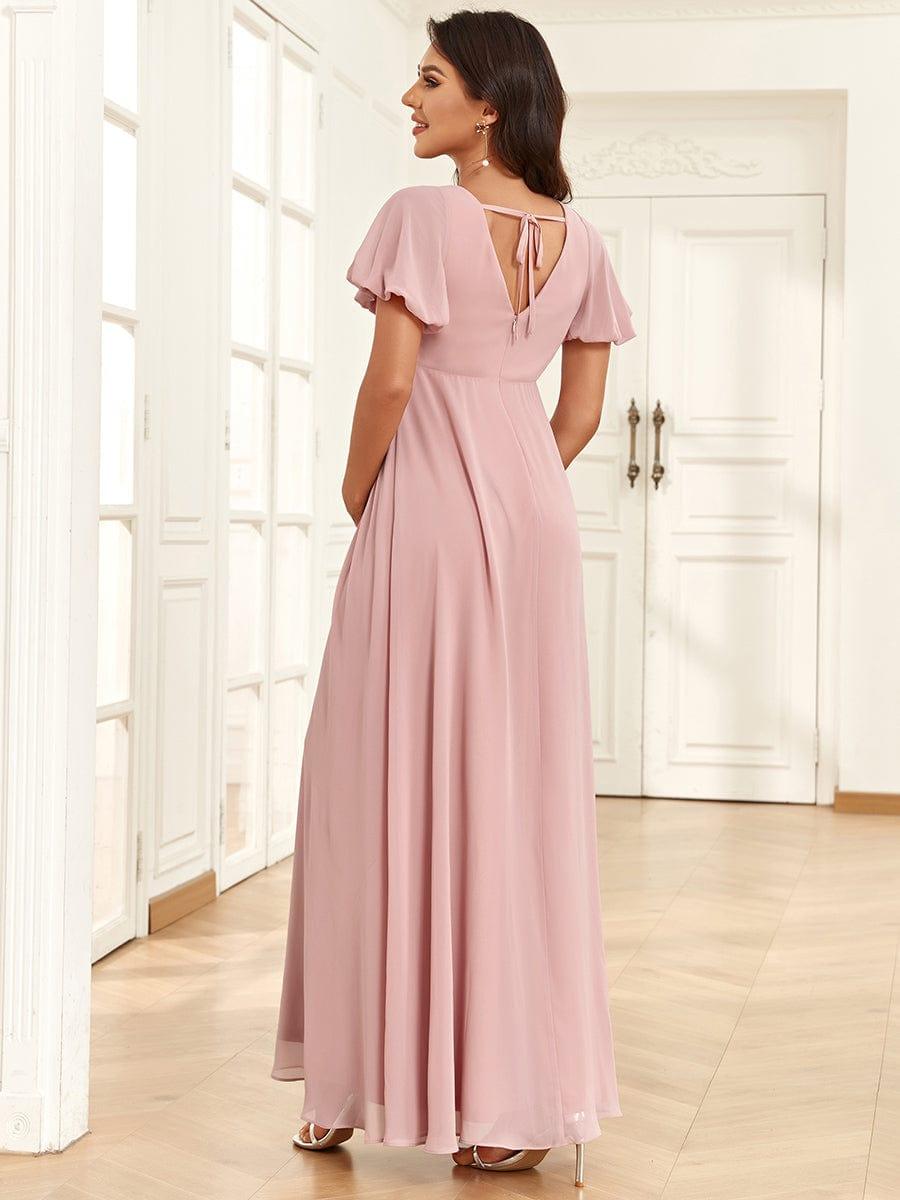 Robe de maternité plissée mousseline à col en V et dos noué #Couleur_Rose fumee