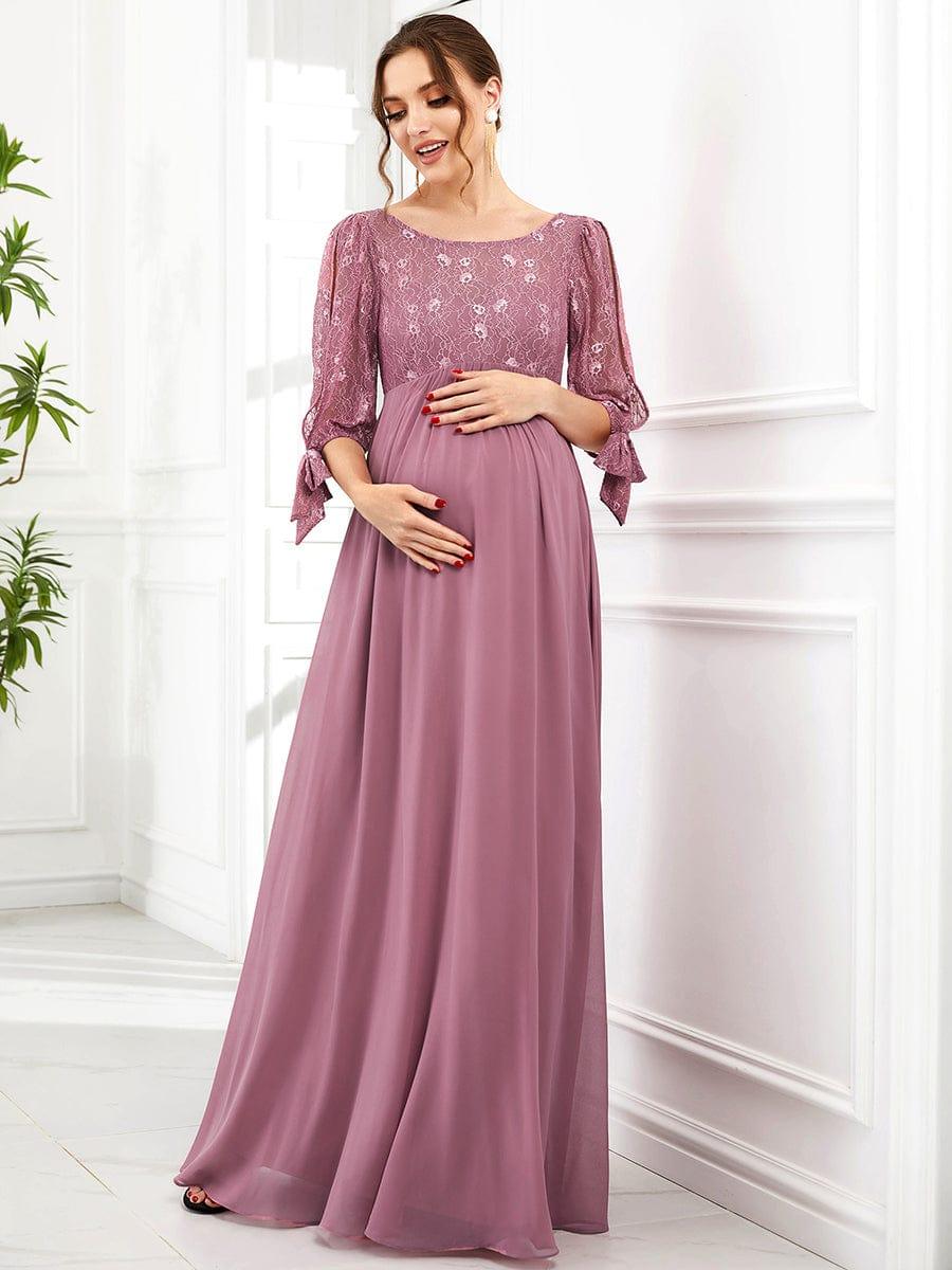 Robe longue maternité en soie et dentelle - Rose pâle