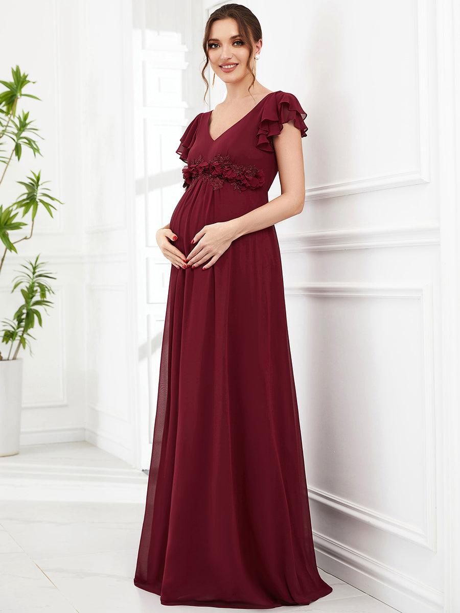 Robe de maternité corsage à manches courtes en mousseline à volants #Couleur_Bordeaux