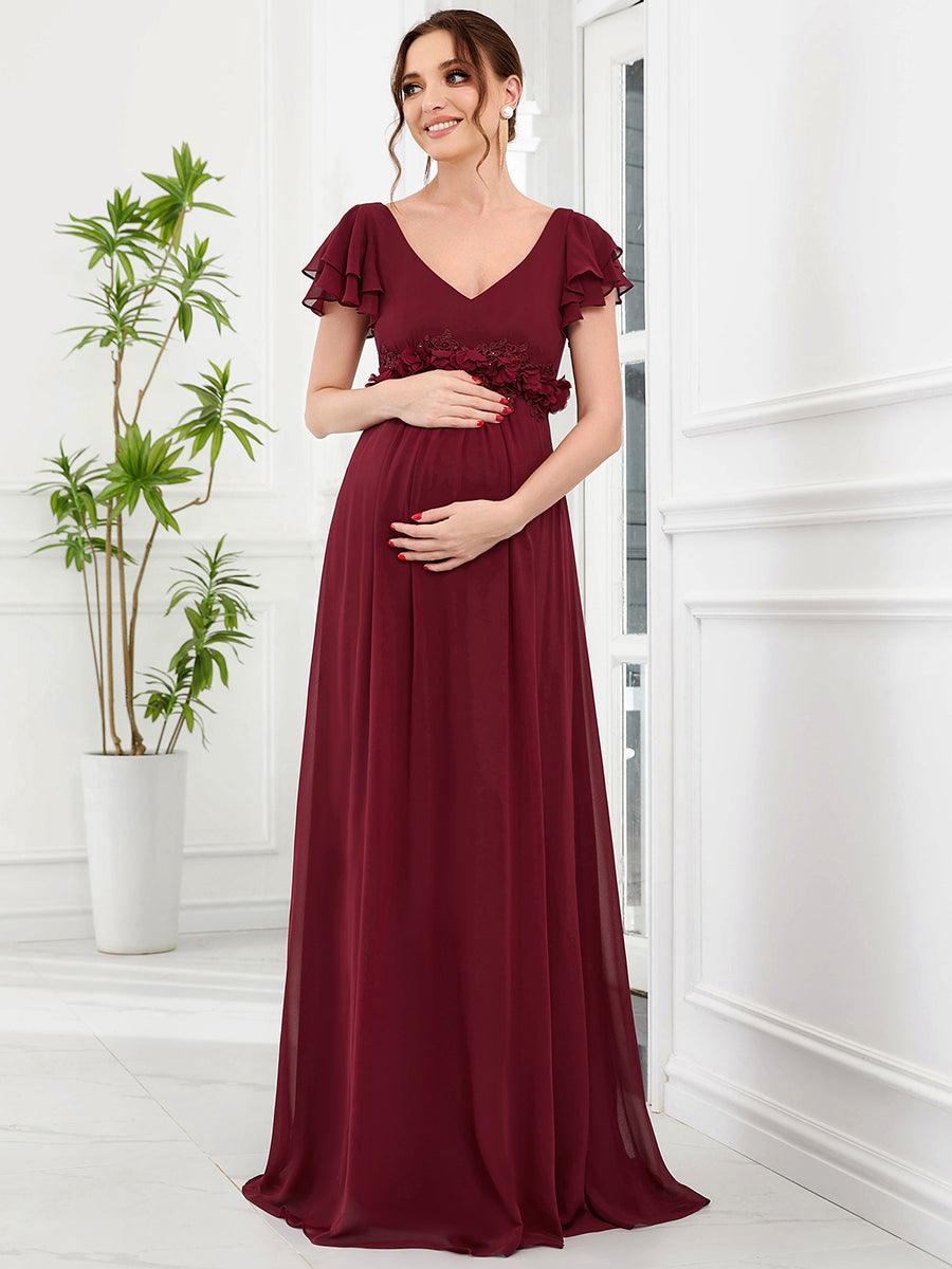 Robe de maternité corsage à manches courtes en mousseline à volants #Couleur_Bordeaux