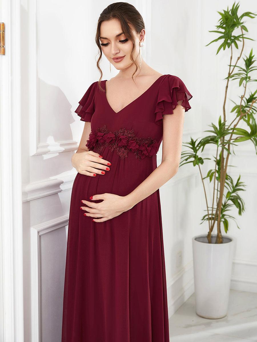 Robe de maternité corsage à manches courtes en mousseline à volants #Couleur_Bordeaux