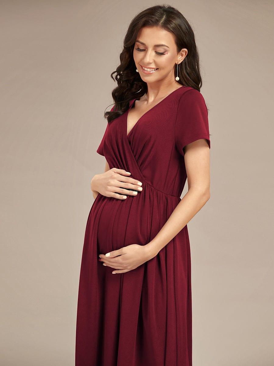 Robe de Maternité Manches courtes Col en V de style A-ligne #Couleur_Bordeaux