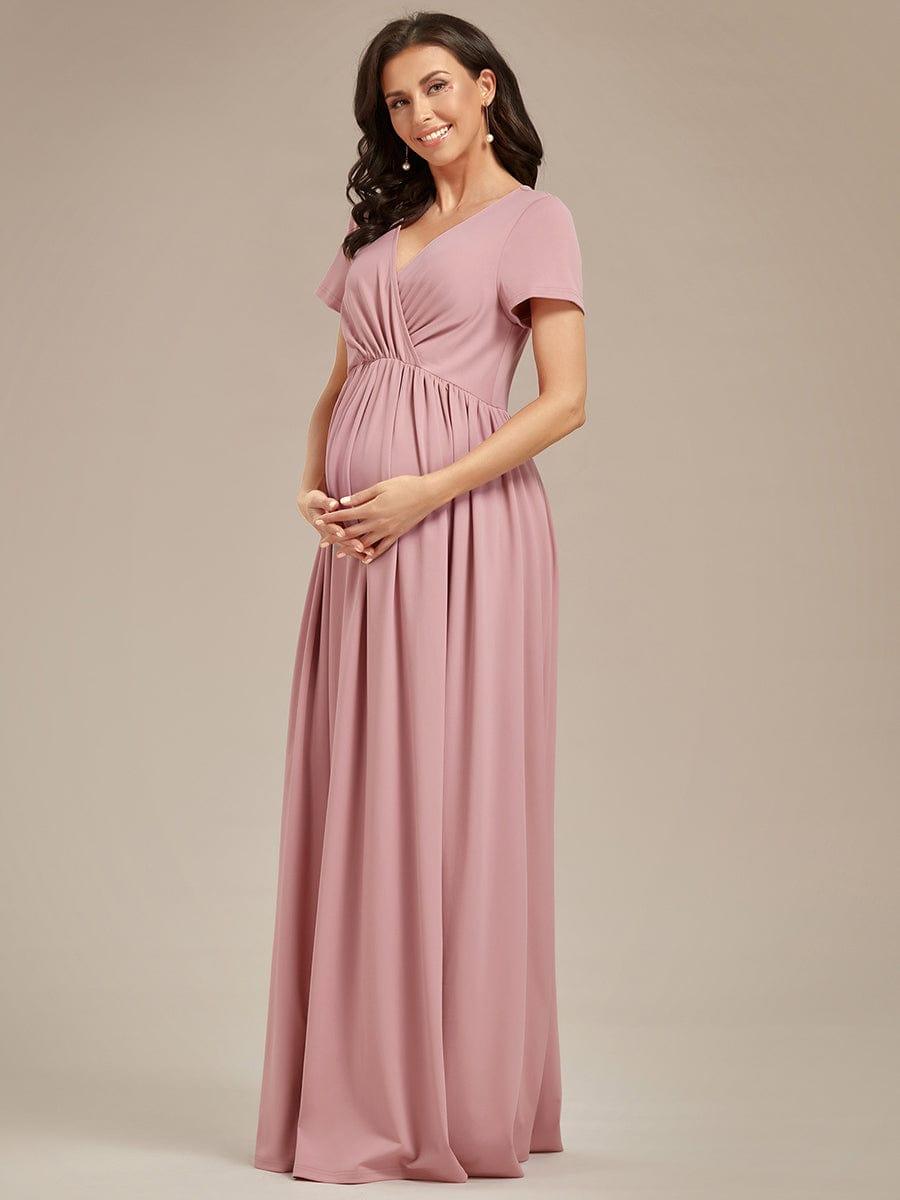 Robe de Maternité Manches courtes Col en V de style A-ligne #Couleur_Rose fumee