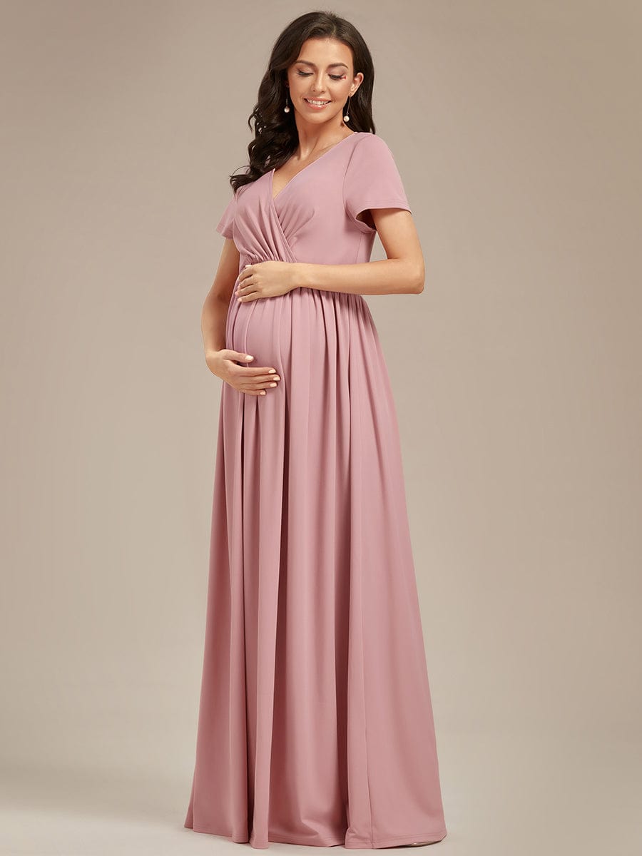 Robe de Maternité Manches courtes Col en V de style A-ligne #Couleur_Rose fumee
