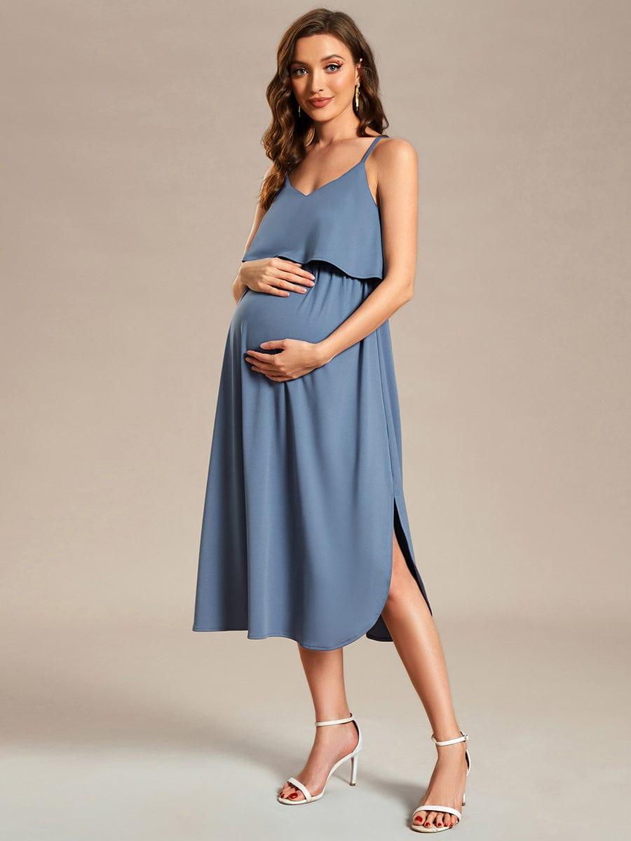 Robe de maternité trapèze aérée à bretelles fines réglables #Couleur_Marine Fume
