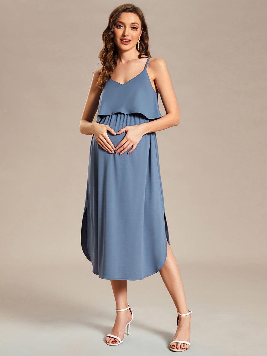 Robe de maternité trapèze aérée à bretelles fines réglables #Couleur_Marine Fume