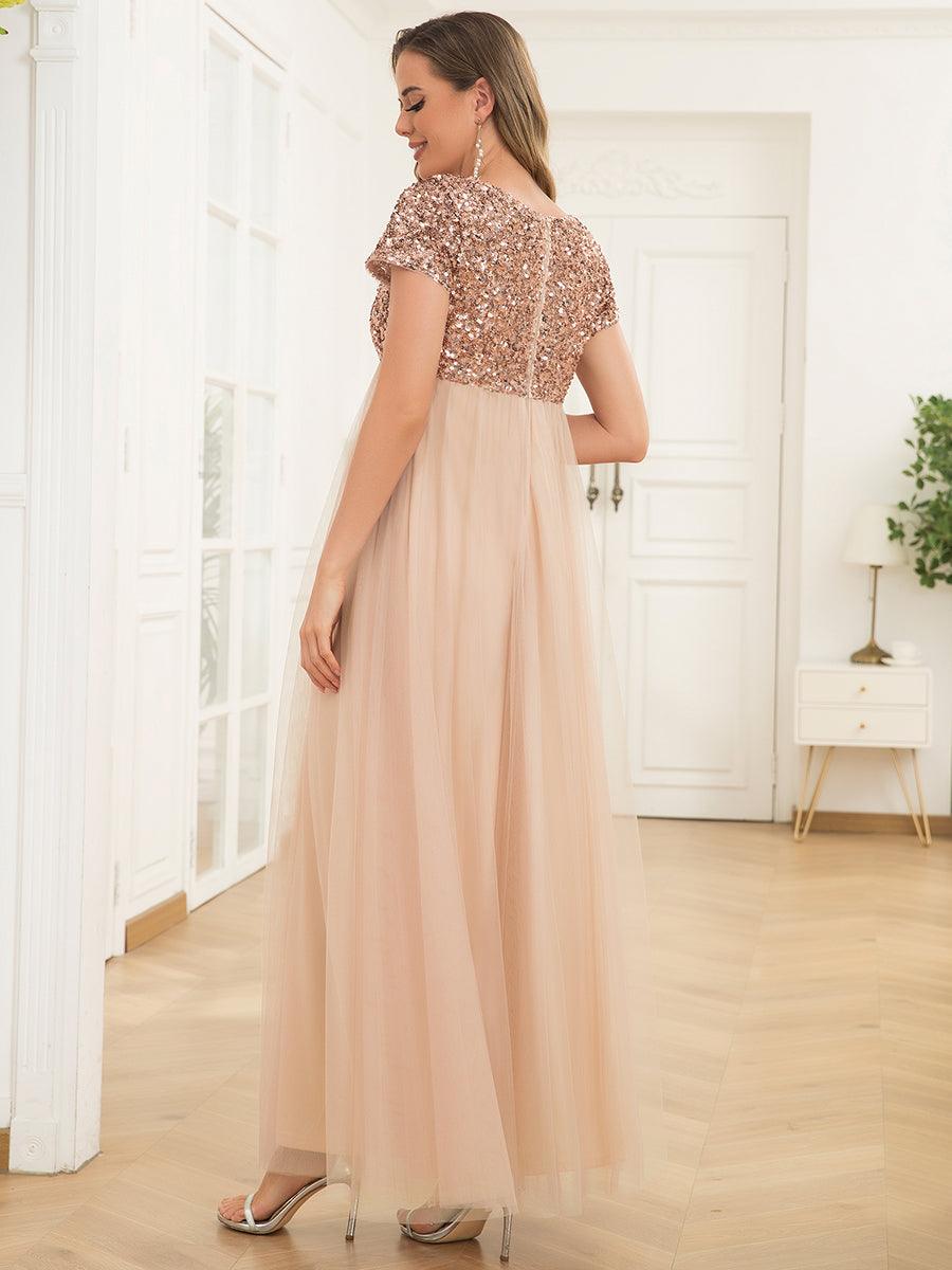 Robe de maternité Col rond manches courtes paillettes tulle taille empire #Couleur_Blush