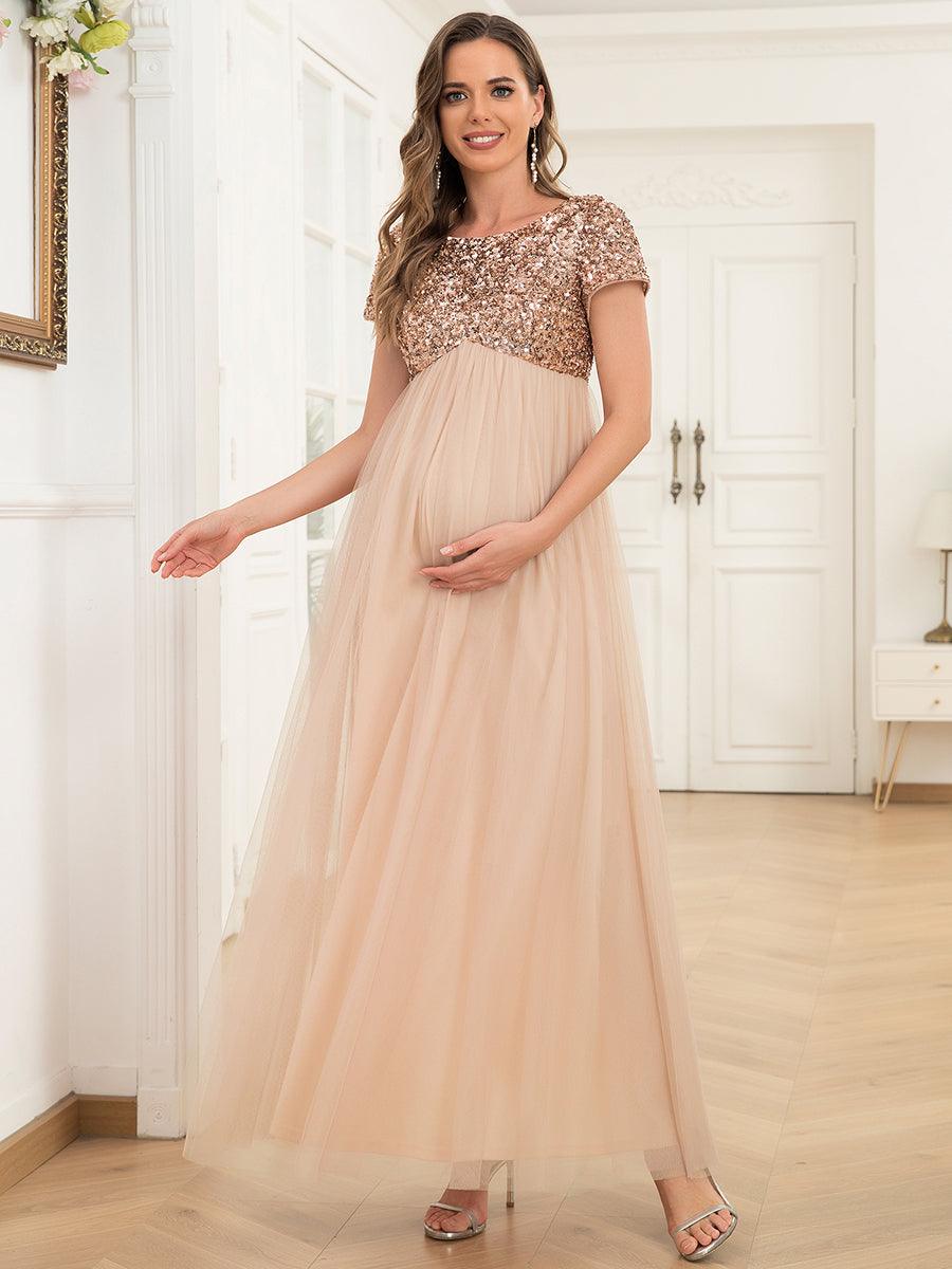 Robe de maternité Col rond manches courtes paillettes tulle taille empire #Couleur_Blush