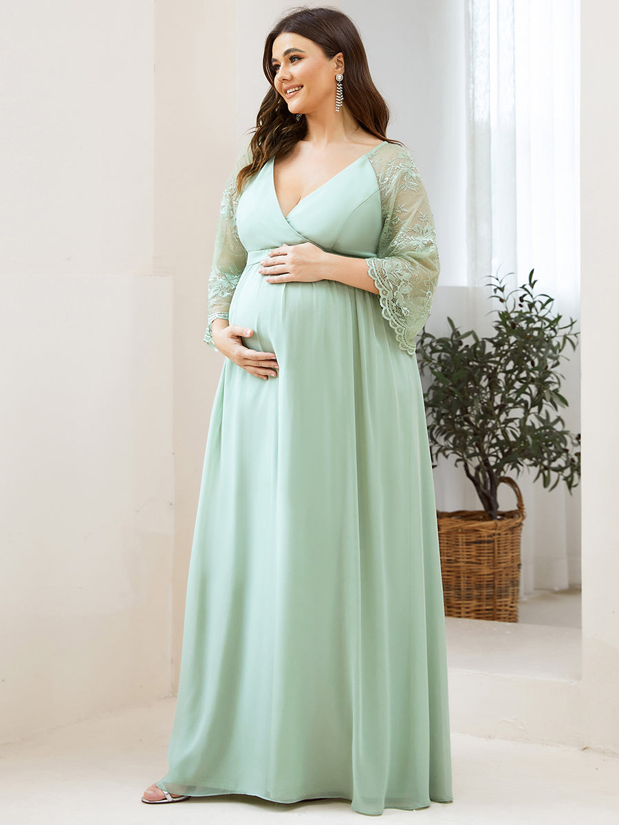 Color=Menthe Verte | Robe Maxi de Grossesse en Dentelle Transparente à Manches Courtes-Menthe Verte 5