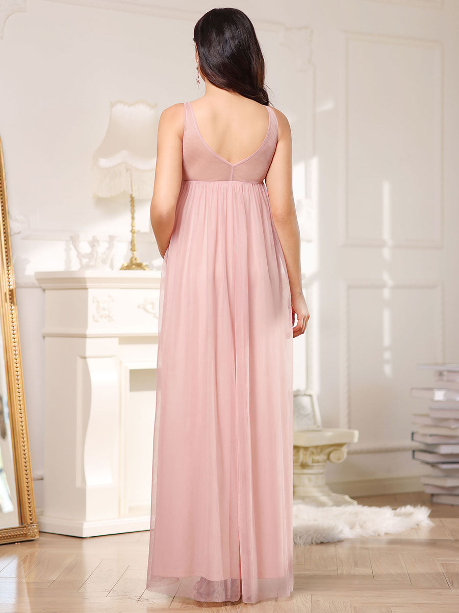 Robe de soirée de maternité longue côtelée en V profond avec corsage brodé #Couleur_Rose  