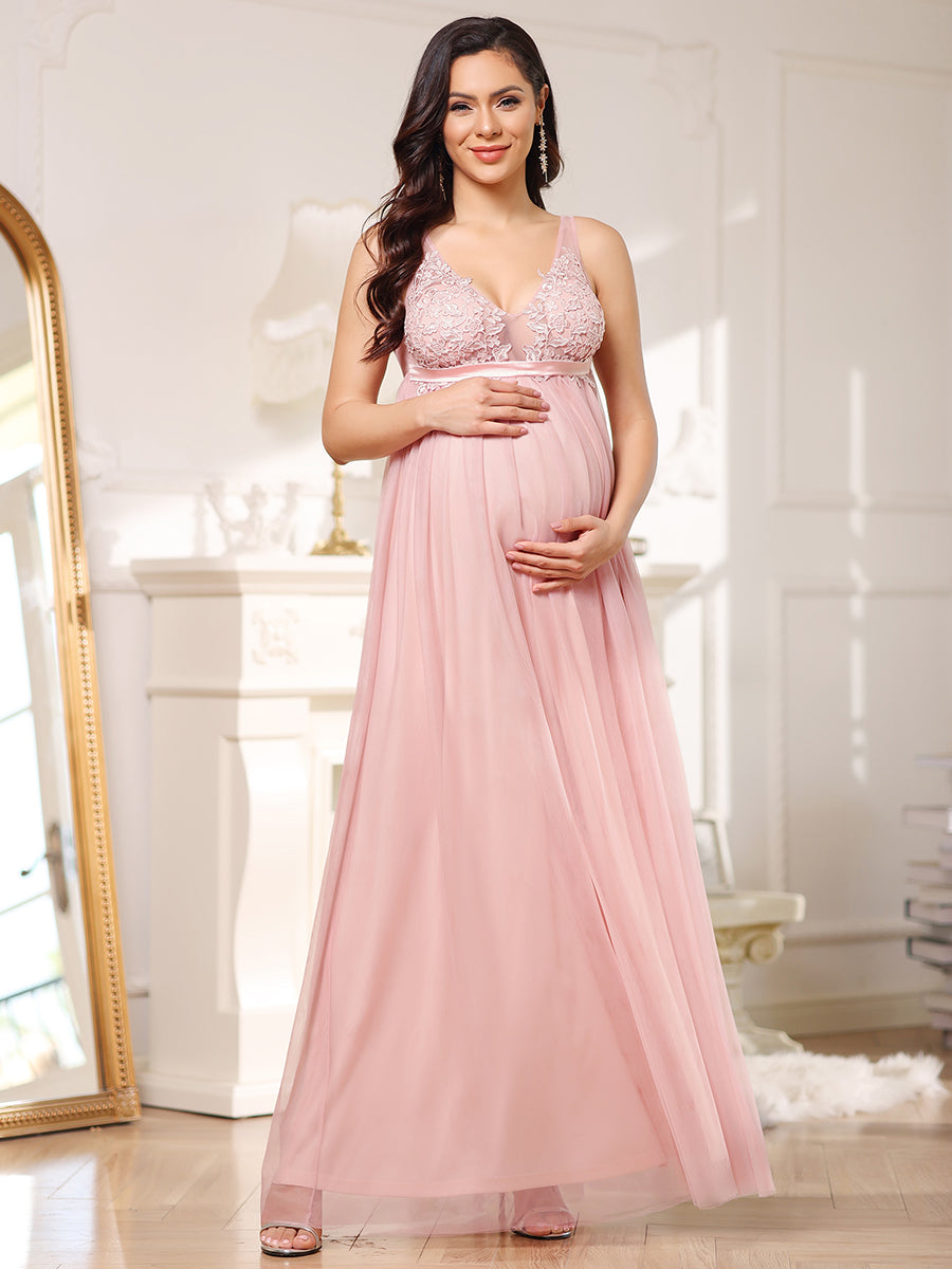 Robe de soirée de maternité longue côtelée en V profond avec corsage brodé #Couleur_Rose  