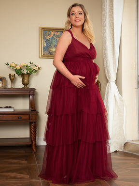 Color=Bordeaux |Robe de maternité longue en tulle à col en V sans manches à taille empire-Bordeaux 6