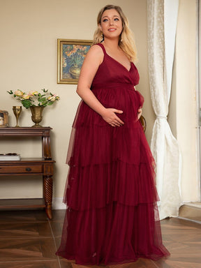 Color=Bordeaux | Robe de Grossesse Longue en Tulle Superposé à Côtes Mi-Longues Sans Manches en V Profond de Grande Taille-Bordeaux 1