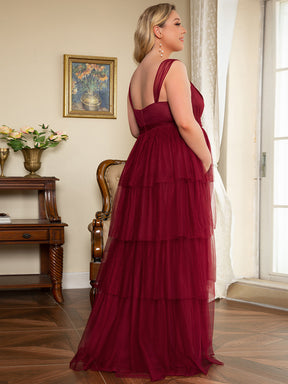 Color=Bordeaux |Robe de maternité longue en tulle à col en V sans manches à taille empire-Bordeaux 7