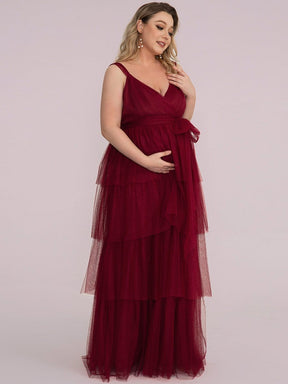 Color=Bordeaux | Robe de Grossesse Longue en Tulle Superposé à Côtes Mi-Longues Sans Manches en V Profond de Grande Taille-Bordeaux 4