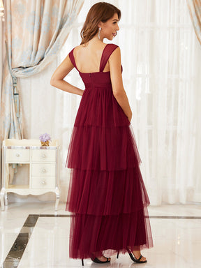 Color=Bordeaux |Robe de maternité longue en tulle à col en V sans manches à taille empire-Bordeaux 2