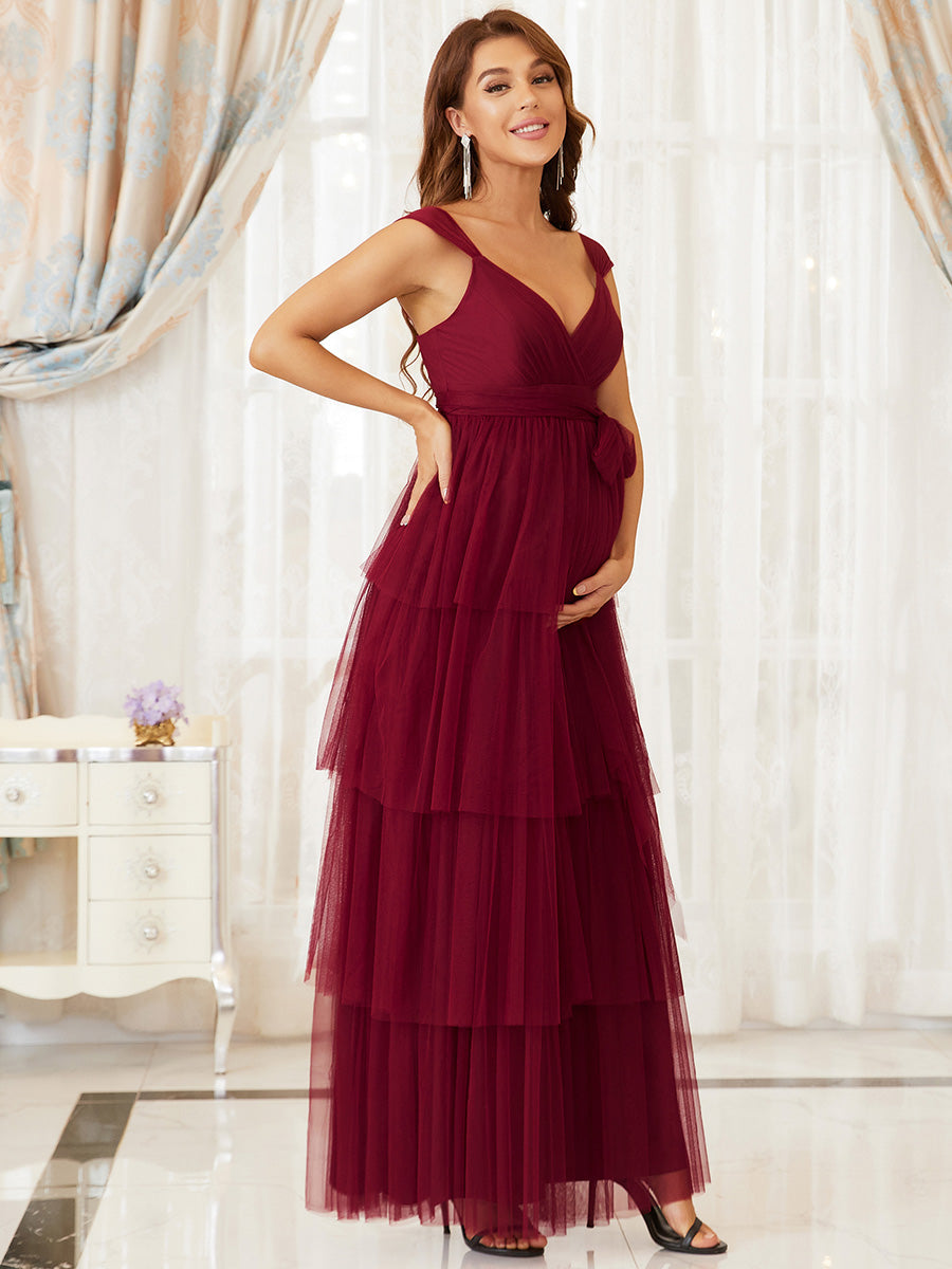 Color=Bordeaux |Robe de maternité longue en tulle à col en V sans manches à taille empire-Bordeaux 4