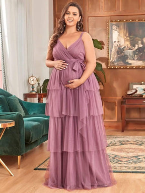 Color=Orchidee | Robe de Grossesse Longue en Tulle Superposé à Côtes Mi-Longues Sans Manches en V Profond de Grande Taille-Orchidee 4