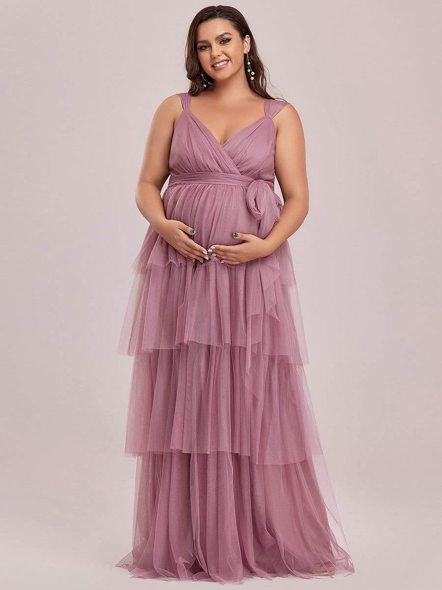 Robe de maternite de grande taille longue en tulle a couches mi cotes sans manches en V profond Ever Pretty FR