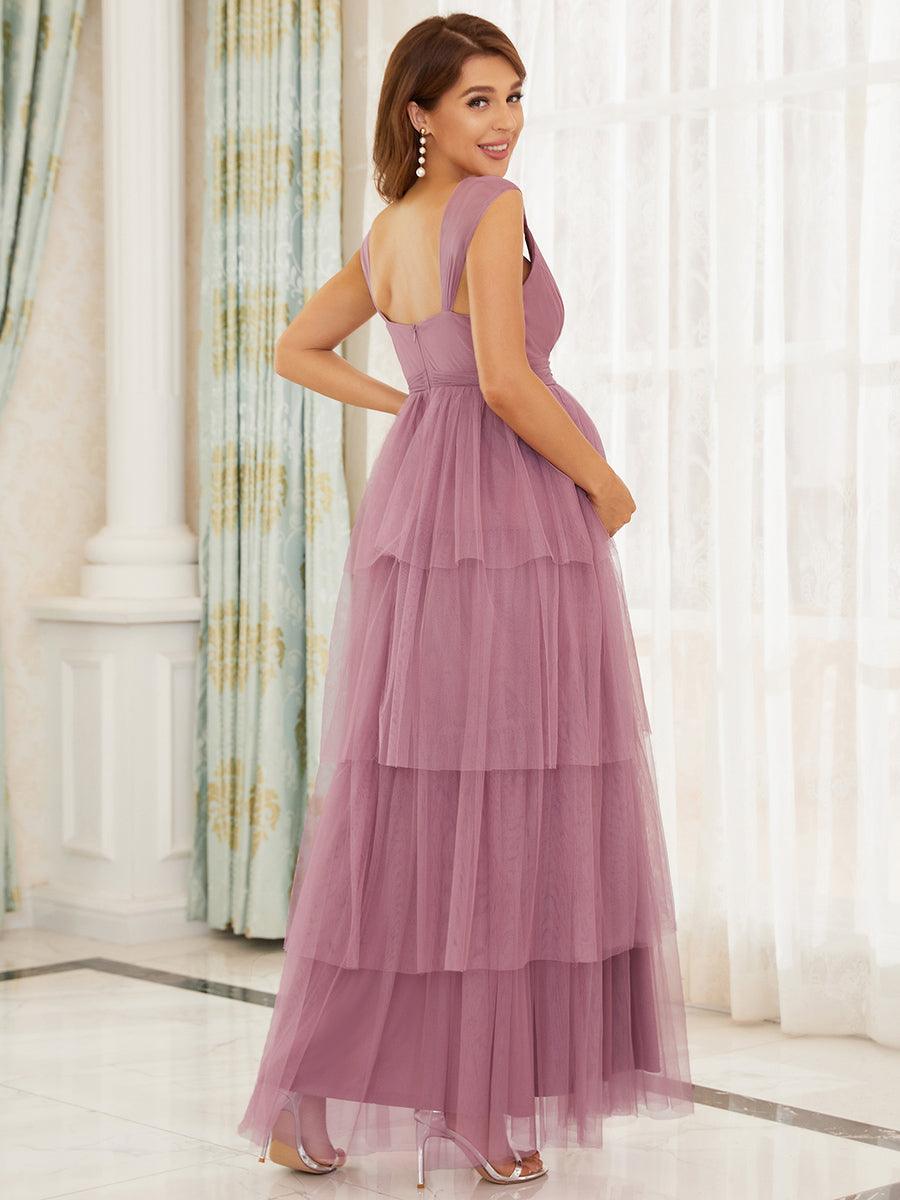 Color=Orchidee |Robe de maternité longue en tulle à col en V sans manches à taille empire-Orchidee 2