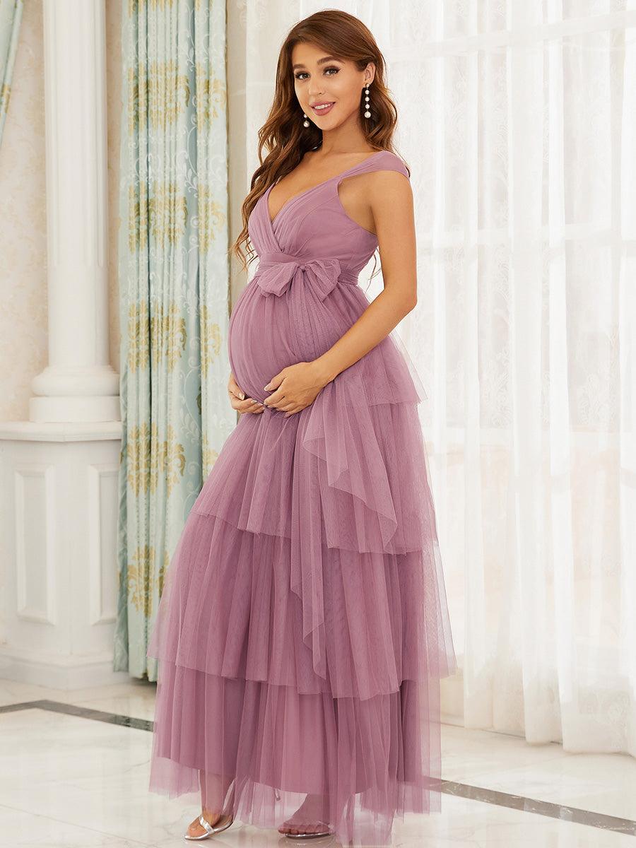 Color=Orchidee |Robe de maternité longue en tulle à col en V sans manches à taille empire-Orchidee 4