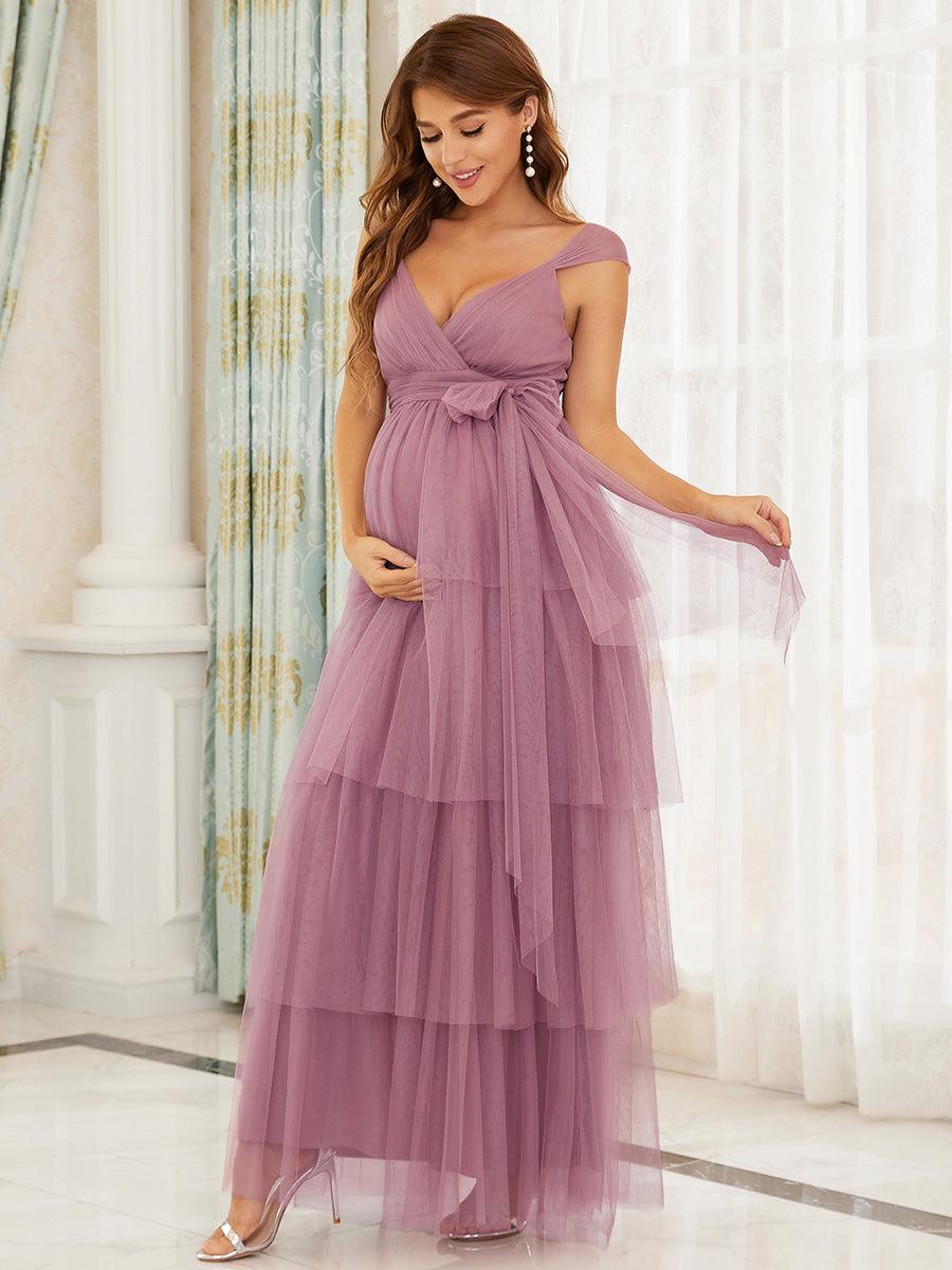 Color=Orchidee |Robe de maternité longue en tulle à col en V sans manches à taille empire-Orchidee 5