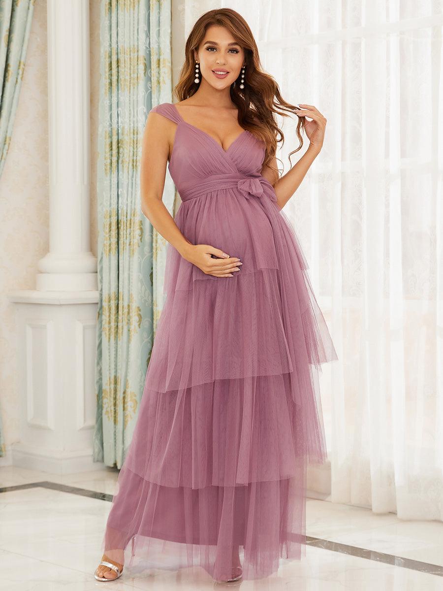 Color=Orchidee |Robe de maternité longue en tulle à col en V sans manches à taille empire-Orchidee 1