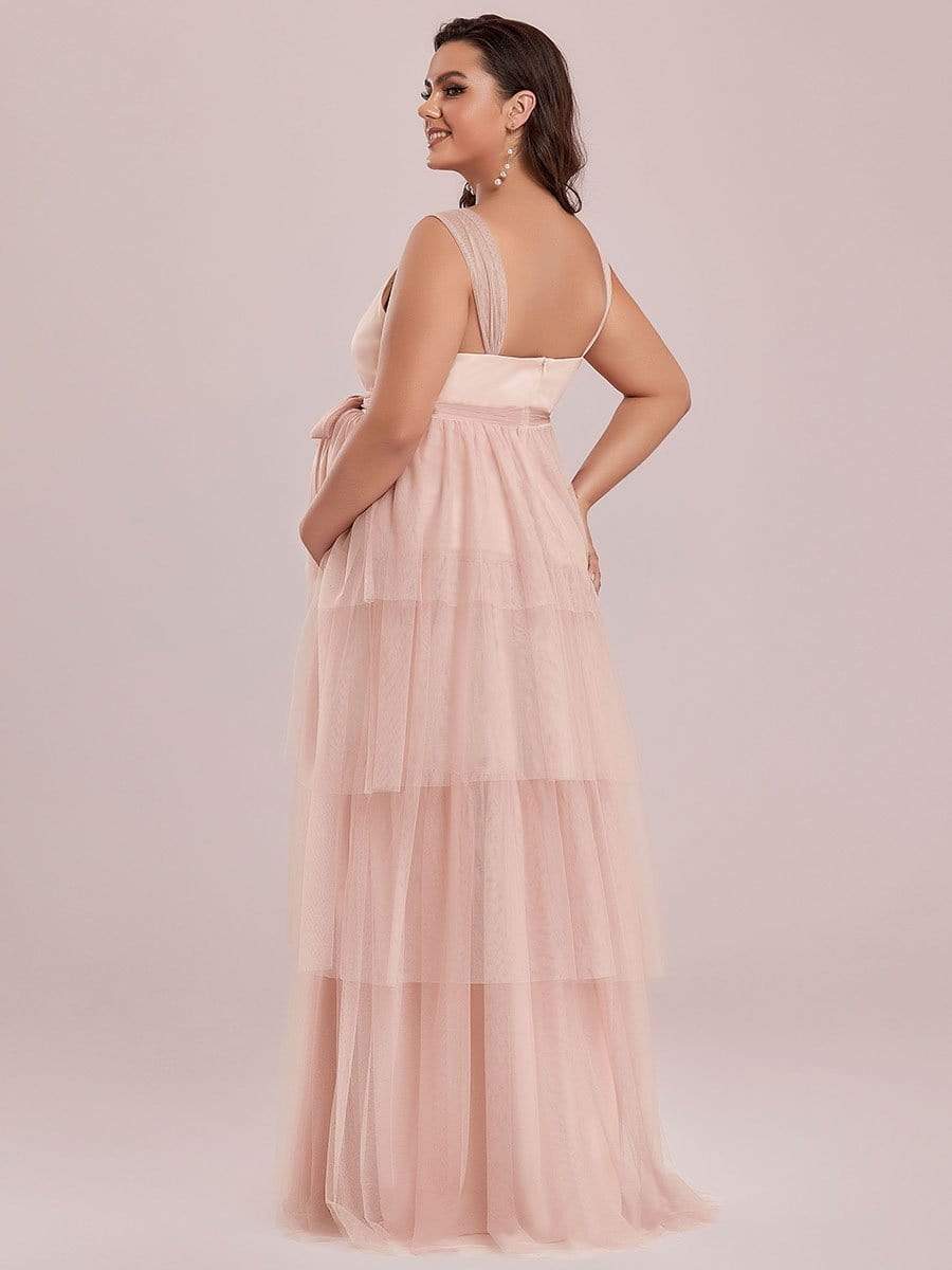 Color=Rose | Robe de Grossesse Longue en Tulle Superposé à Côtes Mi-Longues Sans Manches en V Profond de Grande Taille-Rose 6