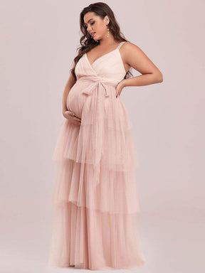 Color=Rose | Robe de Grossesse Longue en Tulle Superposé à Côtes Mi-Longues Sans Manches en V Profond de Grande Taille-Rose 7