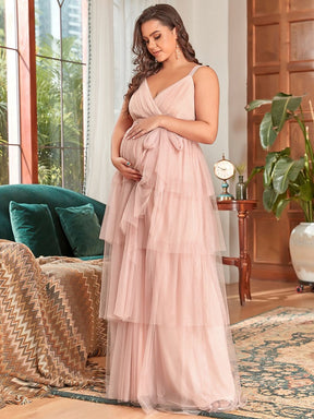 Color=Rose | Robe de Grossesse Longue en Tulle Superposé à Côtes Mi-Longues Sans Manches en V Profond de Grande Taille-Rose 3