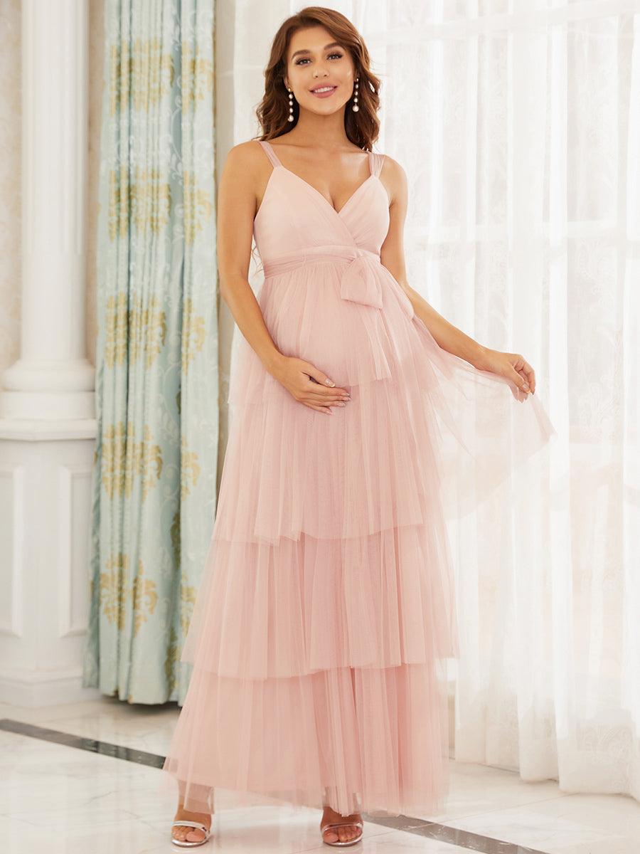 Color=Rose |Robe de maternité longue en tulle à col en V sans manches à taille empire-Rose 5