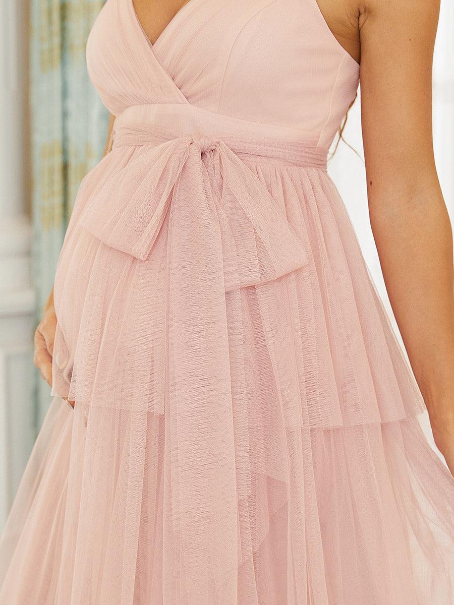Color=Rose |Robe de maternité longue en tulle à col en V sans manches à taille empire-Rose 3