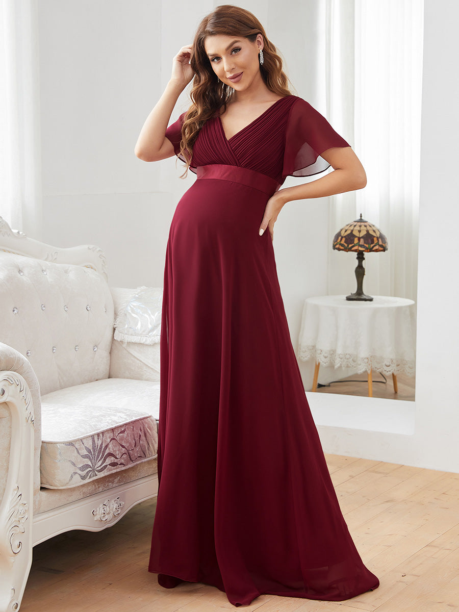 Elégant robe de maternité en mousseline à col V manches volantées corsage plissé et longueur de plancher #Couleur_Bordeaux