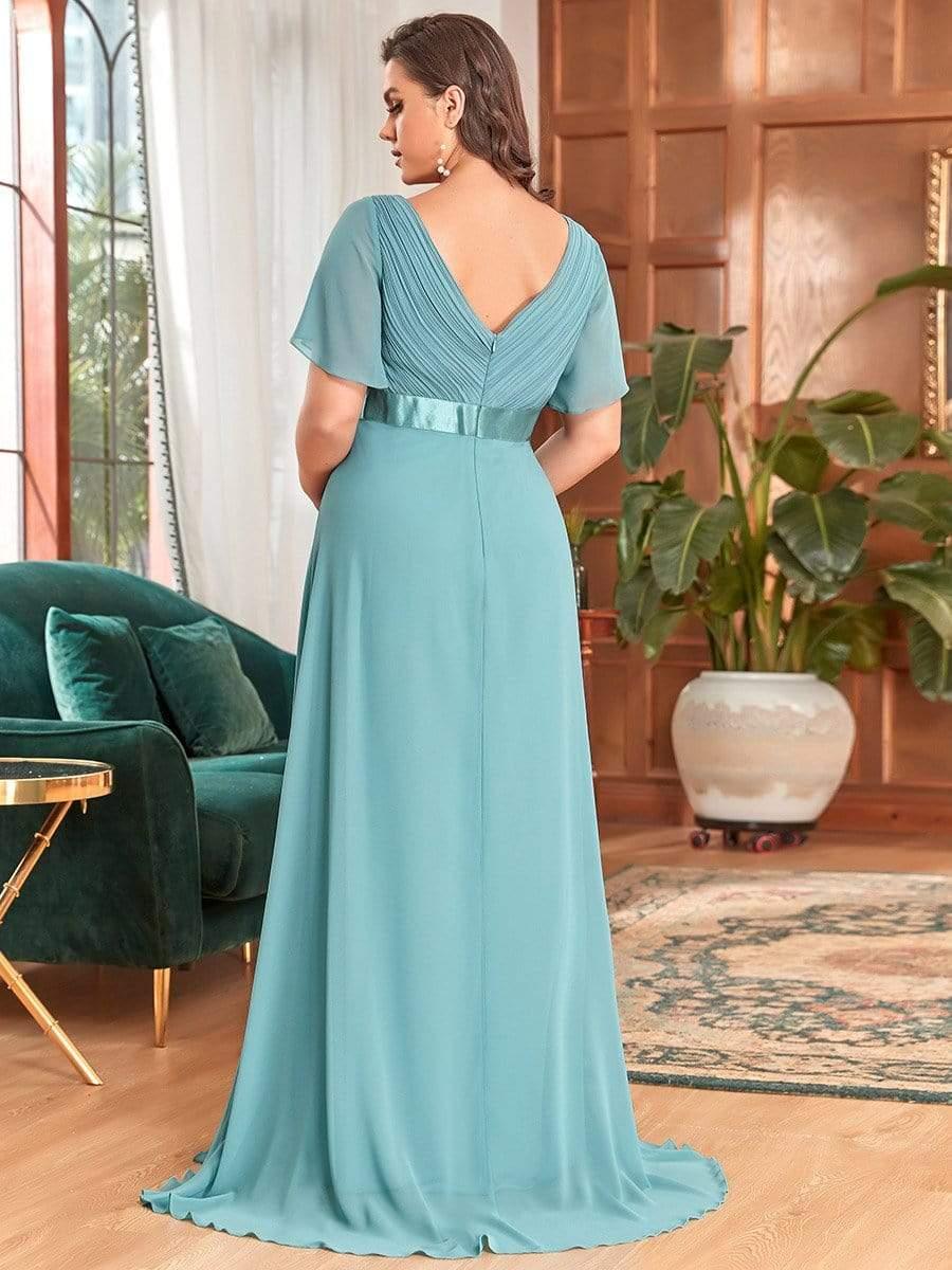 Robe de maternité plissée de grande taille avec manches à volants et col en V #Couleur_Bleu Fume