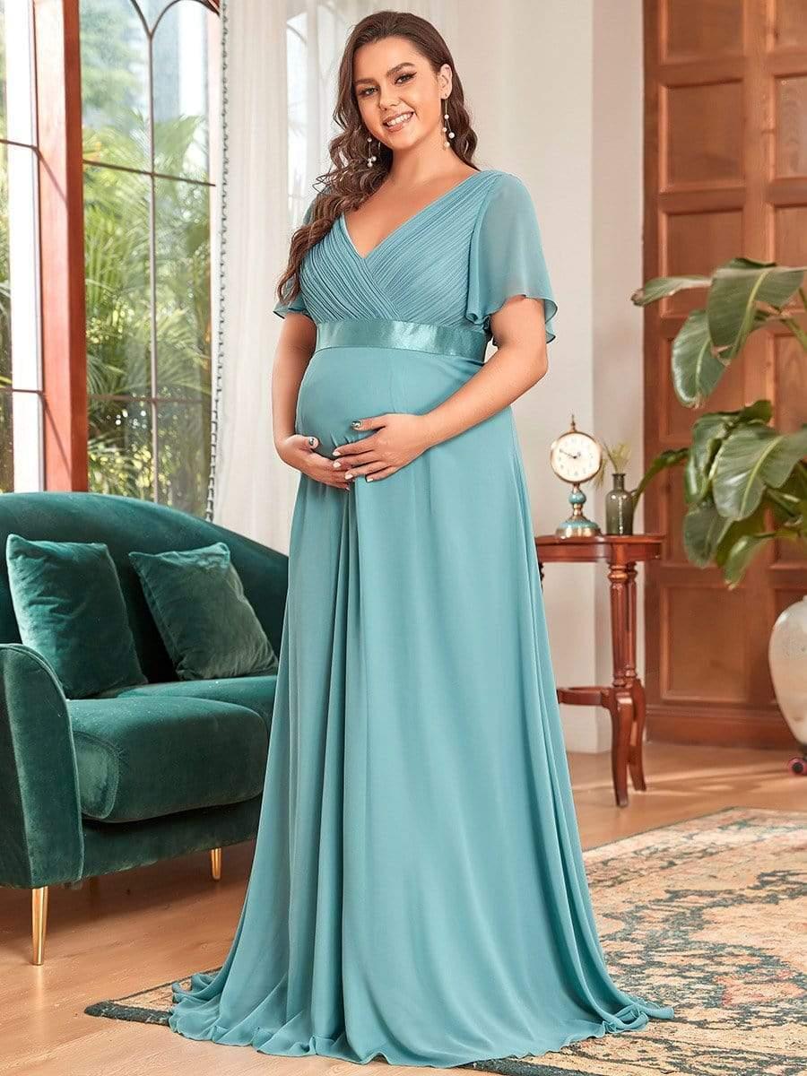 Robe de maternité plissée de grande taille avec manches à volants et col en V #Couleur_Bleu Fume